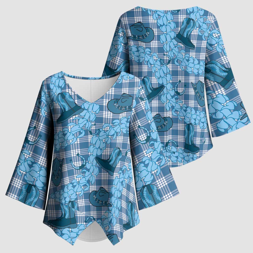 Cyan Palaka Hawaii Cowboy Kimono Sleeve Blouse Puakenikeni Lei Paniolo Papale Seamless Vibes - Polynesian Pride