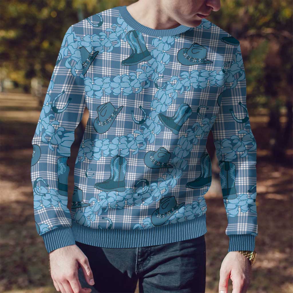 Cyan Palaka Hawaii Cowboy Ugly Christmas Sweater Puakenikeni Lei Paniolo Papale Seamless Vibes - Polynesian Pride