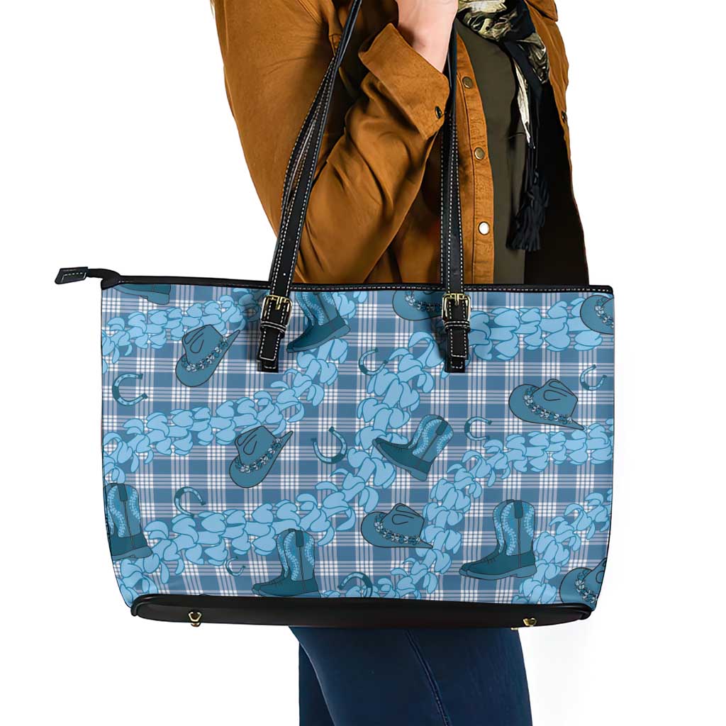 Cyan Palaka Hawaii Cowboy Leather Tote Bag Puakenikeni Lei Paniolo Papale Seamless Vibes LT14 - Polynesian Pride