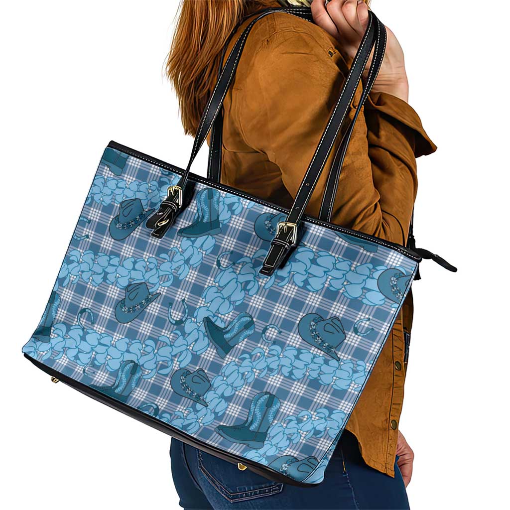 Cyan Palaka Hawaii Cowboy Leather Tote Bag Puakenikeni Lei Paniolo Papale Seamless Vibes LT14 - Polynesian Pride