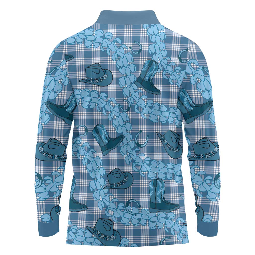 Cyan Palaka Hawaii Cowboy Long Sleeve Polo Shirt Puakenikeni Lei Paniolo Papale Seamless Vibes - Polynesian Pride