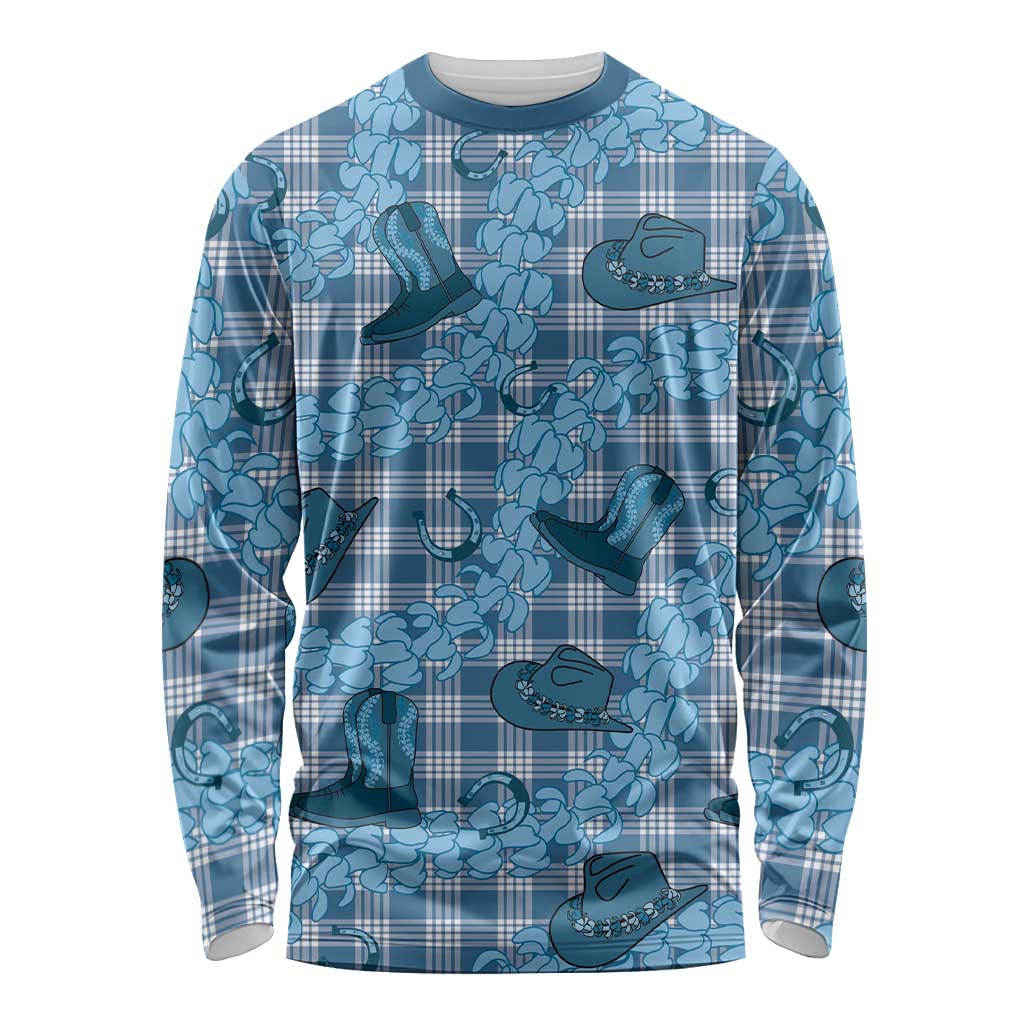 Cyan Palaka Hawaii Cowboy Long Sleeve Shirt Puakenikeni Lei Paniolo Papale Seamless Vibes - Polynesian Pride
