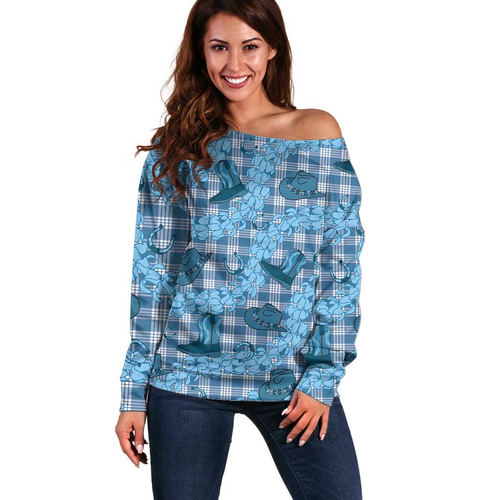 Cyan Palaka Hawaii Cowboy Off Shoulder Sweater Puakenikeni Lei Paniolo Papale Seamless Vibes - Polynesian Pride