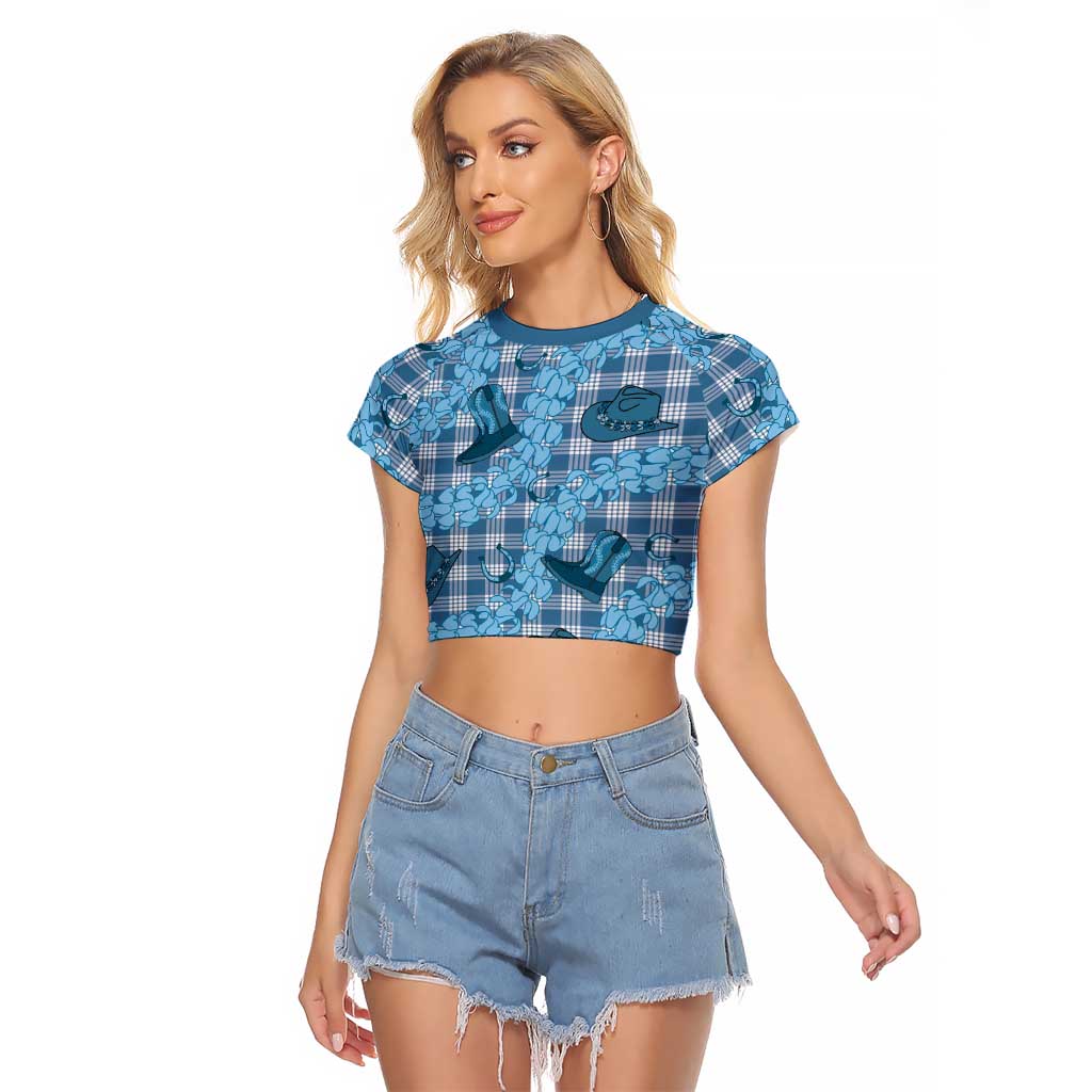 Cyan Palaka Hawaii Cowboy Raglan Cropped T Shirt Puakenikeni Lei Paniolo Papale Seamless Vibes - Polynesian Pride