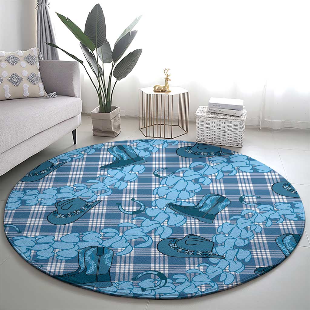 Cyan Palaka Hawaii Cowboy Round Carpet Puakenikeni Lei Paniolo Papale Seamless Vibes - Polynesian Pride