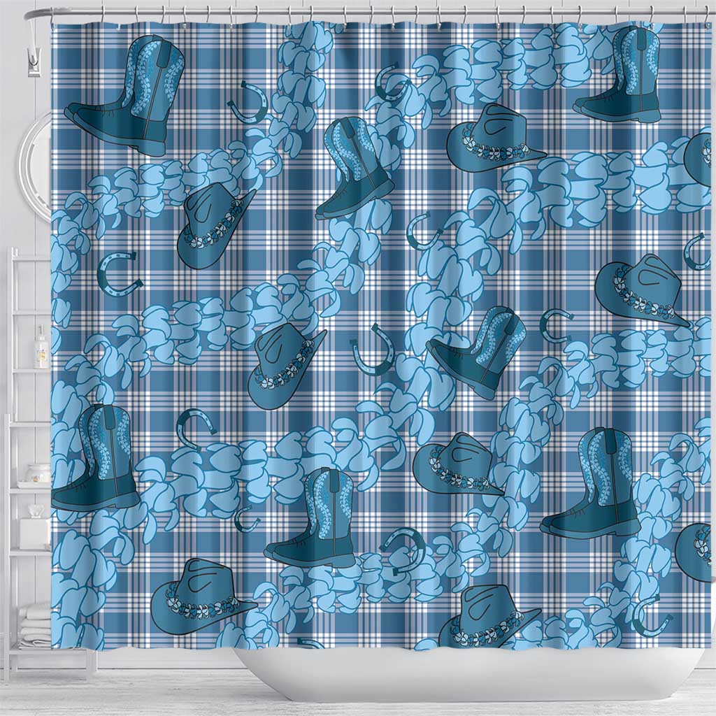 Cyan Palaka Hawaii Cowboy Shower Curtain Puakenikeni Lei Paniolo Papale Seamless Vibes - Polynesian Pride