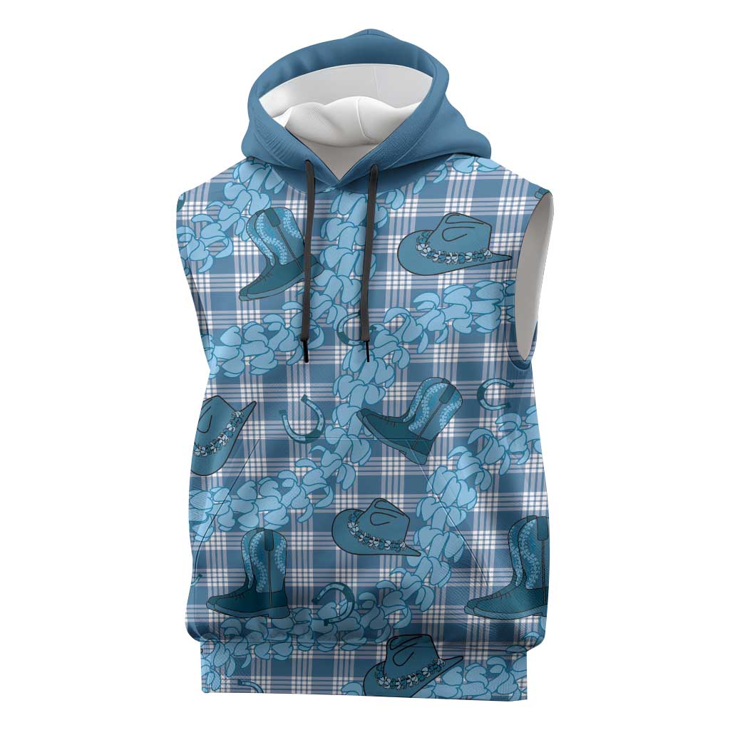 Cyan Palaka Hawaii Cowboy Sleeveless Hoodie Puakenikeni Lei Paniolo Papale Seamless Vibes - Polynesian Pride