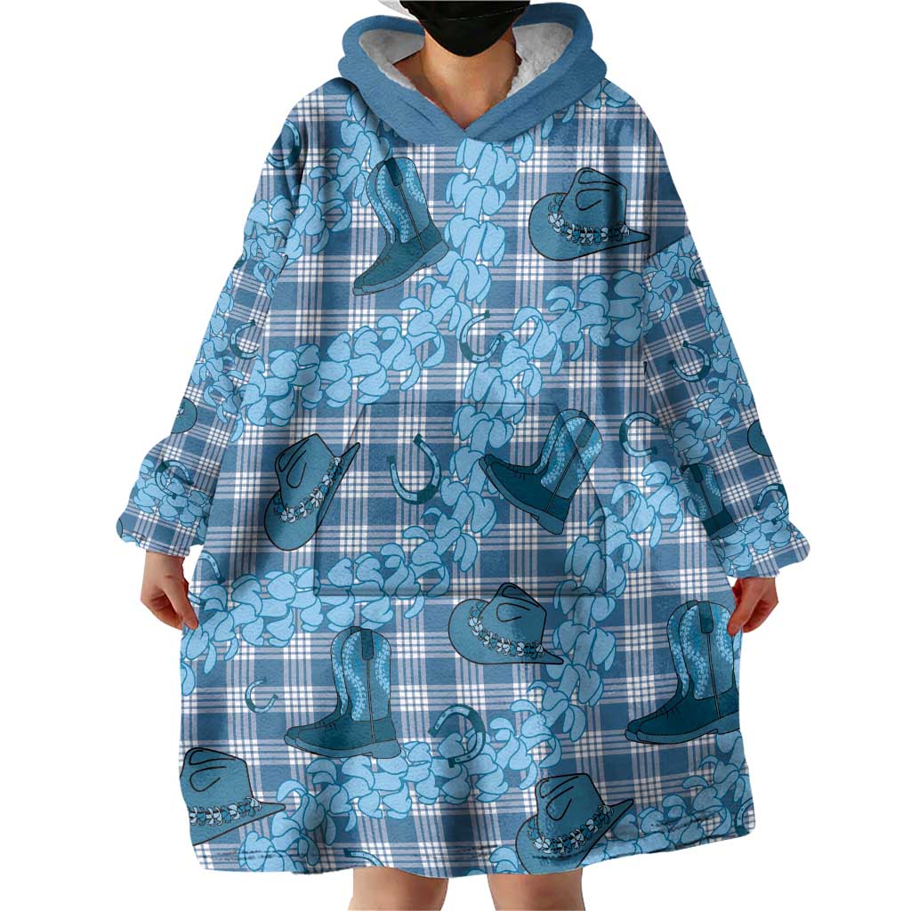 Cyan Palaka Hawaii Cowboy Wearable Blanket Hoodie Puakenikeni Lei Paniolo Papale Seamless Vibes - Polynesian Pride