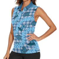 Cyan Palaka Hawaii Cowboy Women Sleeveless Polo Shirt Puakenikeni Lei Paniolo Papale Seamless Vibes - Polynesian Pride