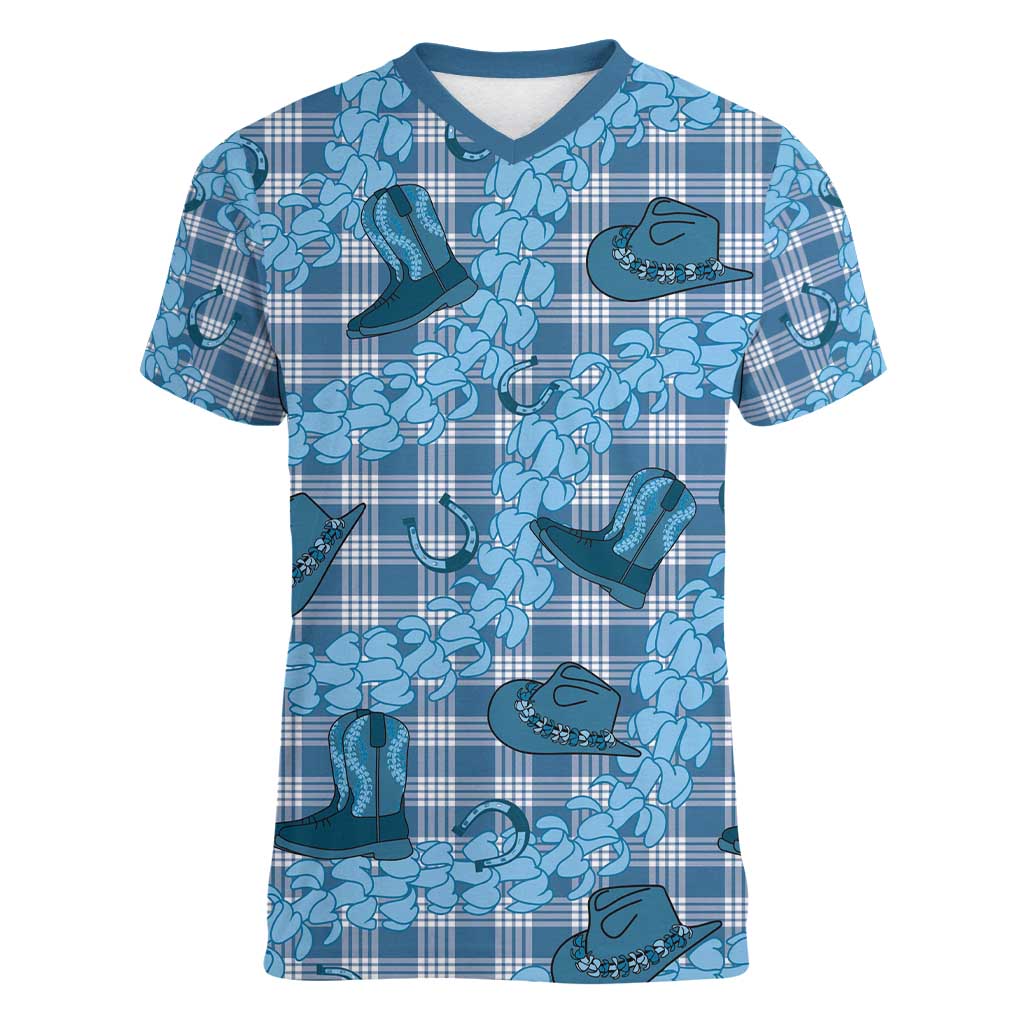 Cyan Palaka Hawaii Cowboy Women V-Neck T-Shirt Puakenikeni Lei Paniolo Papale Seamless Vibes LT14 Female Cyan - Polynesian Pride