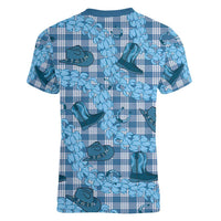 Cyan Palaka Hawaii Cowboy Women V-Neck T-Shirt Puakenikeni Lei Paniolo Papale Seamless Vibes LT14 - Polynesian Pride