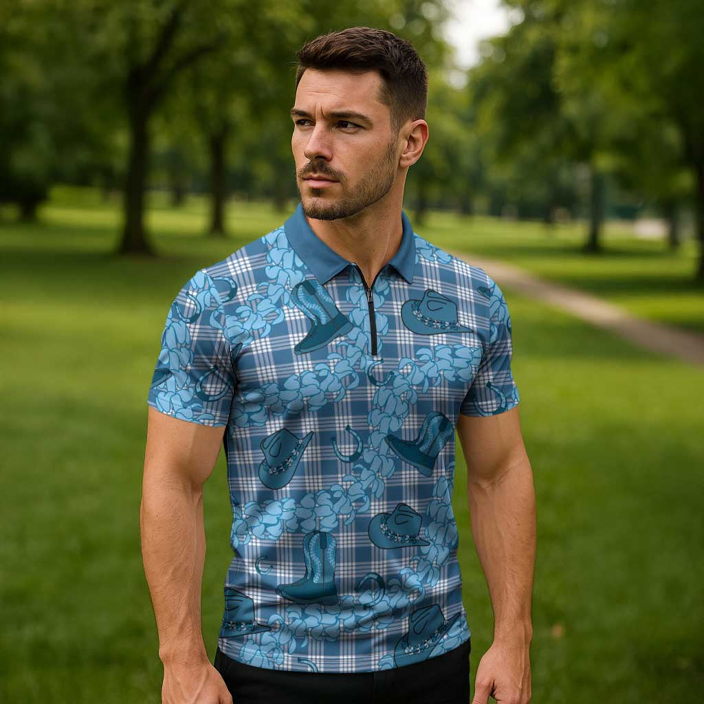 Cyan Palaka Hawaii Cowboy Zipper Polo Shirt Puakenikeni Lei Paniolo Papale Seamless Vibes - Polynesian Pride