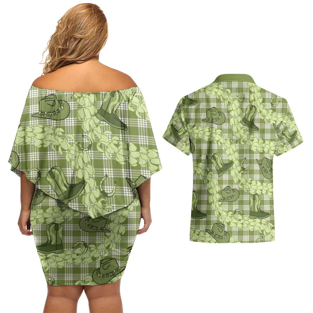 Lime Palaka Hawaii Cowboy Couples Matching Off Shoulder Short Dress and Hawaiian Shirt Puakenikeni Lei Paniolo Papale Seamless Vibes - Polynesian Pride