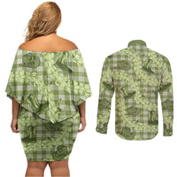 Lime Palaka Hawaii Cowboy Couples Matching Off Shoulder Short Dress and Long Sleeve Button Shirt Puakenikeni Lei Paniolo Papale Seamless Vibes - Polynesian Pride