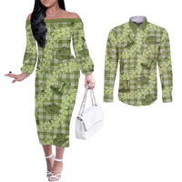 Lime Palaka Hawaii Cowboy Couples Matching Off The Shoulder Long Sleeve Dress and Long Sleeve Button Shirt Puakenikeni Lei Paniolo Papale Seamless Vibes - Polynesian Pride