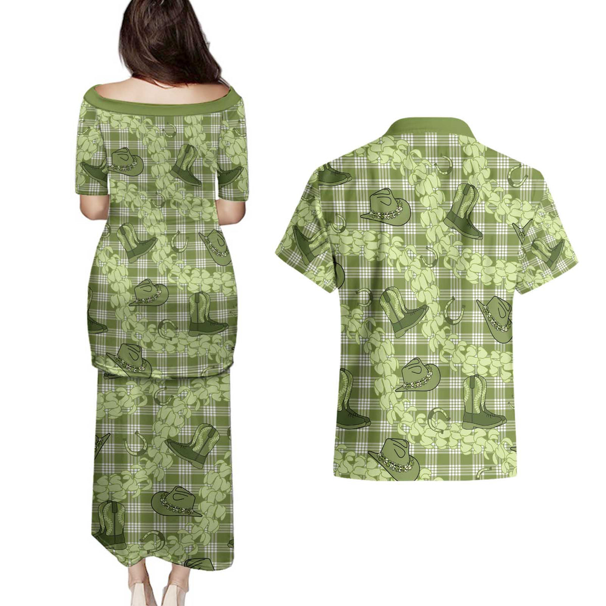 Lime Palaka Hawaii Cowboy Couples Matching Puletasi and Hawaiian Shirt Puakenikeni Lei Paniolo Papale Seamless Vibes - Polynesian Pride