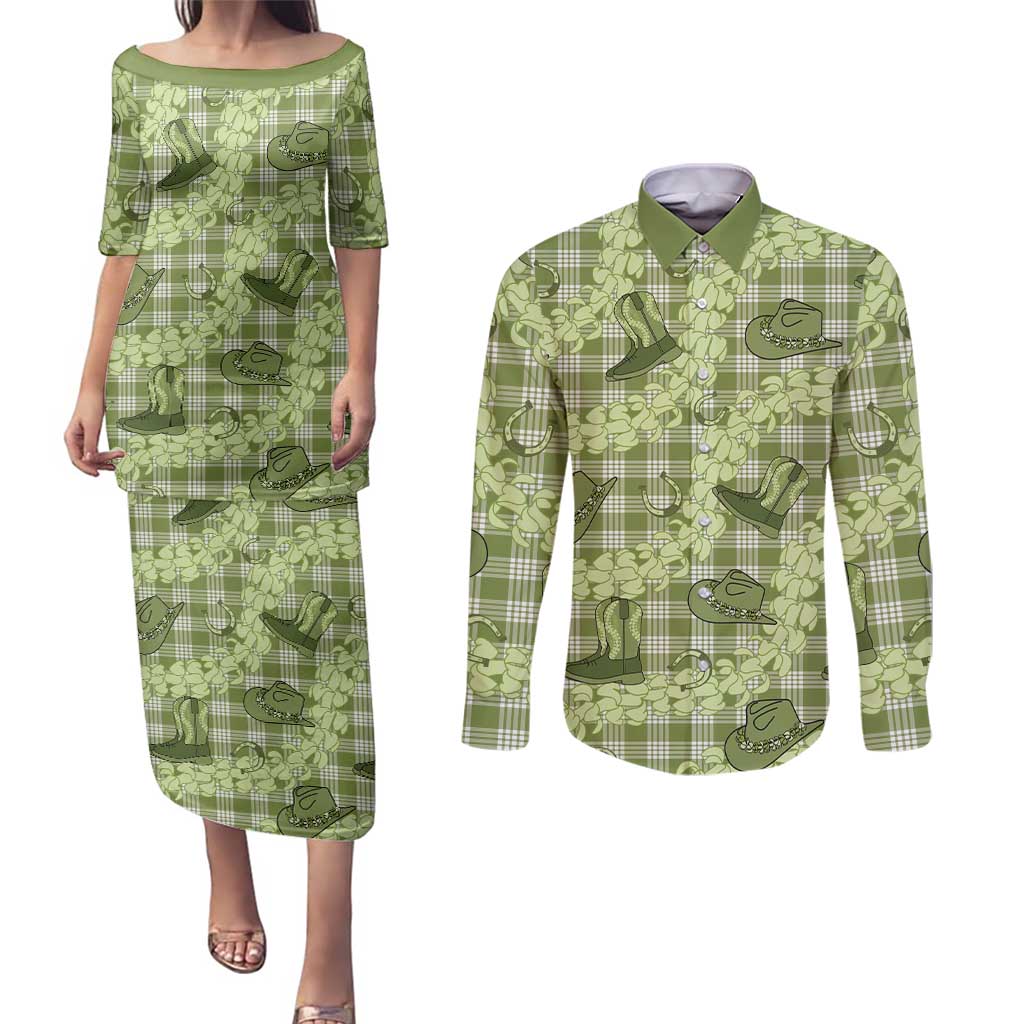 Lime Palaka Hawaii Cowboy Couples Matching Puletasi and Long Sleeve Button Shirt Puakenikeni Lei Paniolo Papale Seamless Vibes LT14 Lime - Polynesian Pride