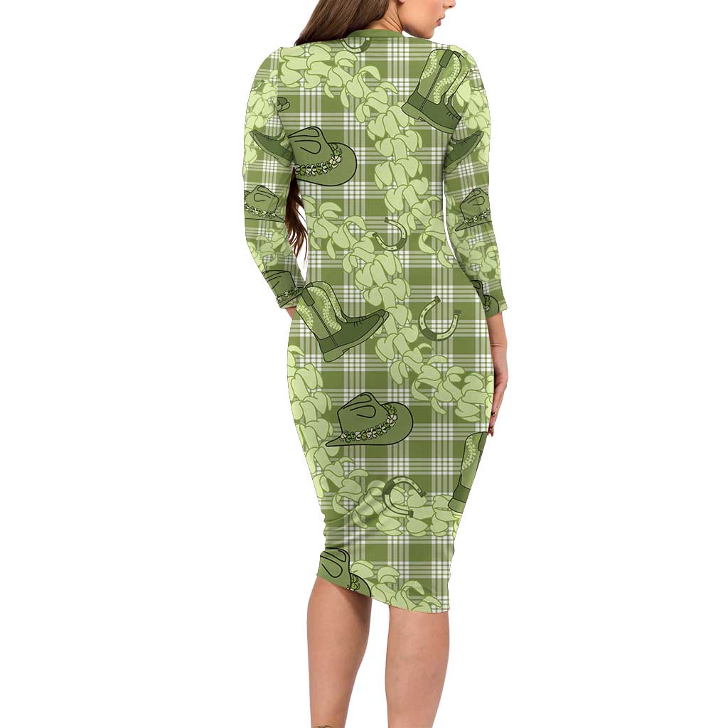 Lime Palaka Hawaii Cowboy Family Matching Long Sleeve Bodycon Dress and Hawaiian Shirt Puakenikeni Lei Paniolo Papale Seamless Vibes - Polynesian Pride