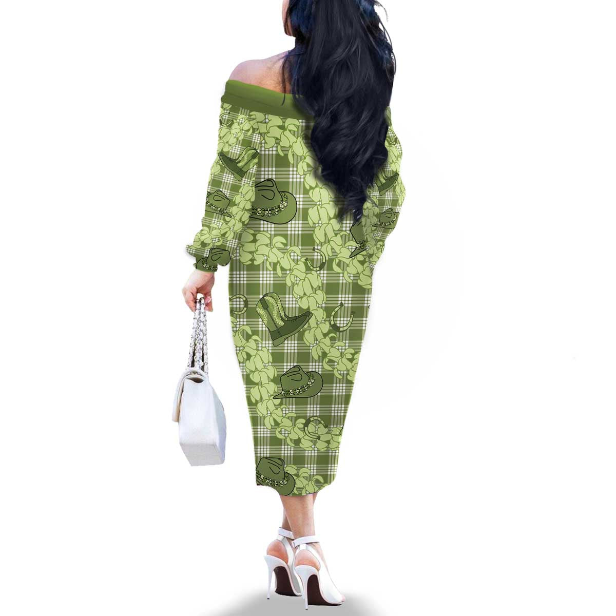 Lime Palaka Hawaii Cowboy Family Matching Off The Shoulder Long Sleeve Dress and Hawaiian Shirt Puakenikeni Lei Paniolo Papale Seamless Vibes - Polynesian Pride