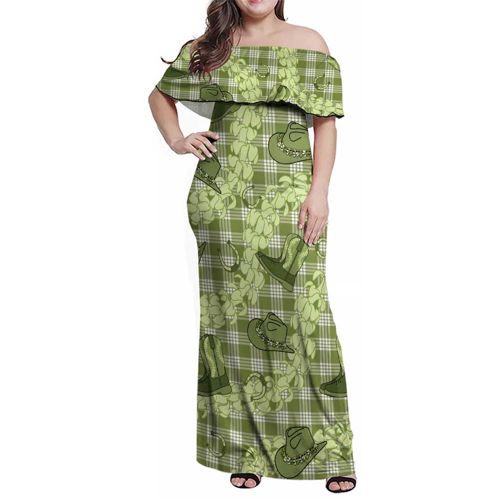 Lime Palaka Hawaii Cowboy Family Matching Off Shoulder Maxi Dress and Hawaiian Shirt Puakenikeni Lei Paniolo Papale Seamless Vibes - Polynesian Pride