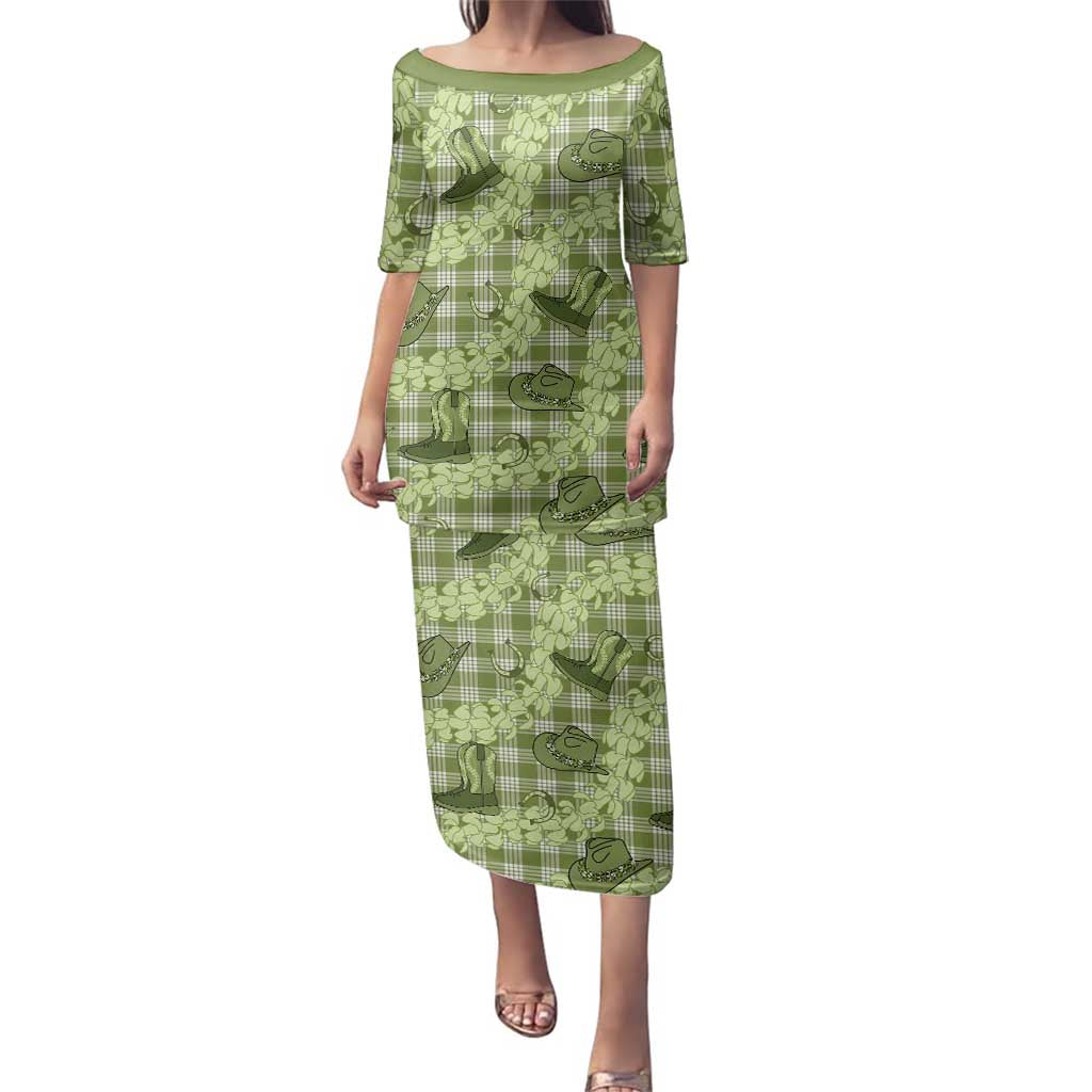 Lime Palaka Hawaii Cowboy Family Matching Puletasi and Hawaiian Shirt Puakenikeni Lei Paniolo Papale Seamless Vibes LT14 Mom's Dress Lime - Polynesian Pride