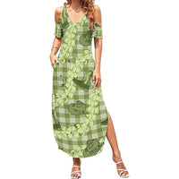 Lime Palaka Hawaii Cowboy Family Matching Summer Maxi Dress and Hawaiian Shirt Puakenikeni Lei Paniolo Papale Seamless Vibes LT14 Mom's Dress Lime - Polynesian Pride
