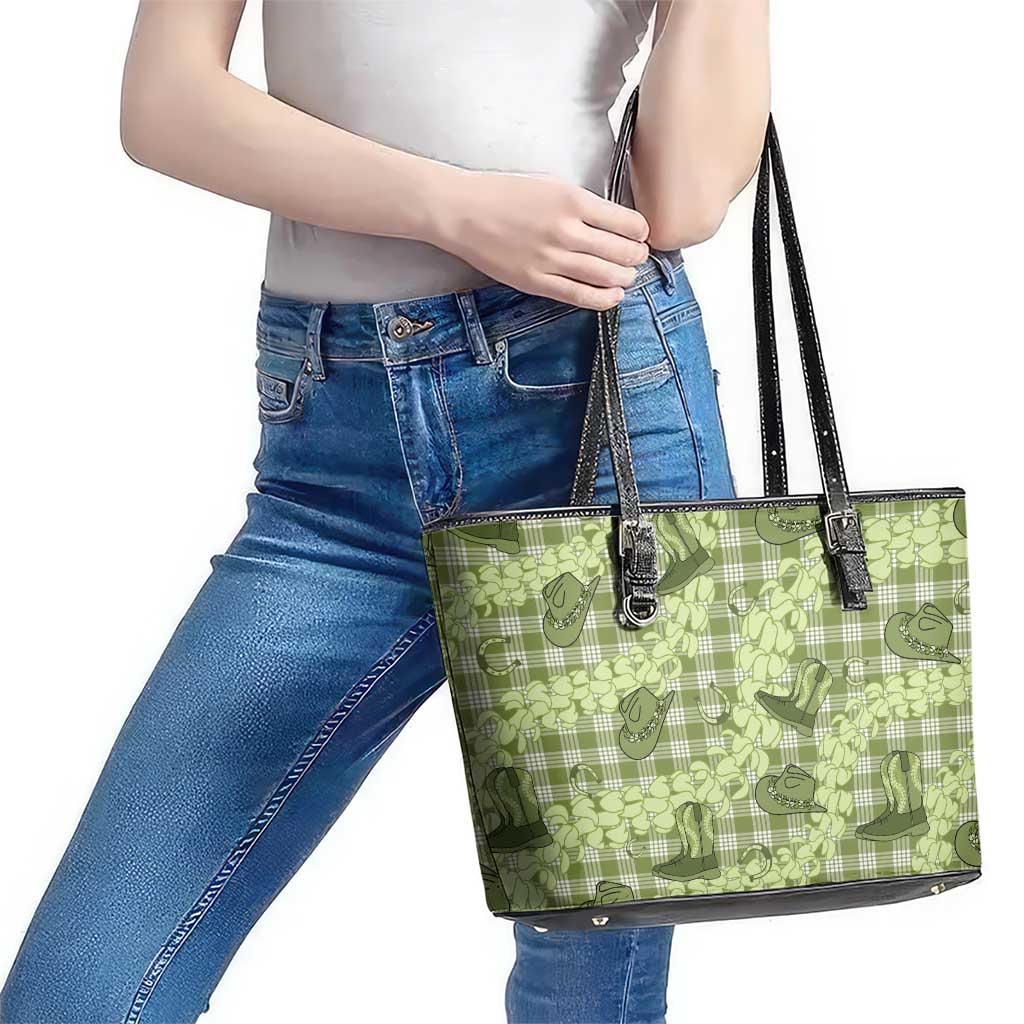 Lime Palaka Hawaii Cowboy Leather Tote Bag Puakenikeni Lei Paniolo Papale Seamless Vibes LT14 - Polynesian Pride