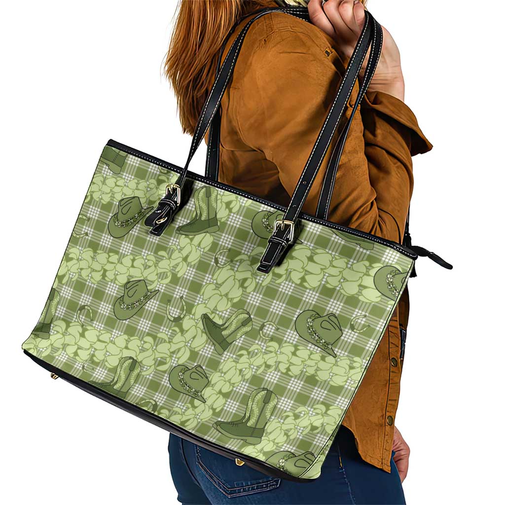 Lime Palaka Hawaii Cowboy Leather Tote Bag Puakenikeni Lei Paniolo Papale Seamless Vibes LT14 - Polynesian Pride