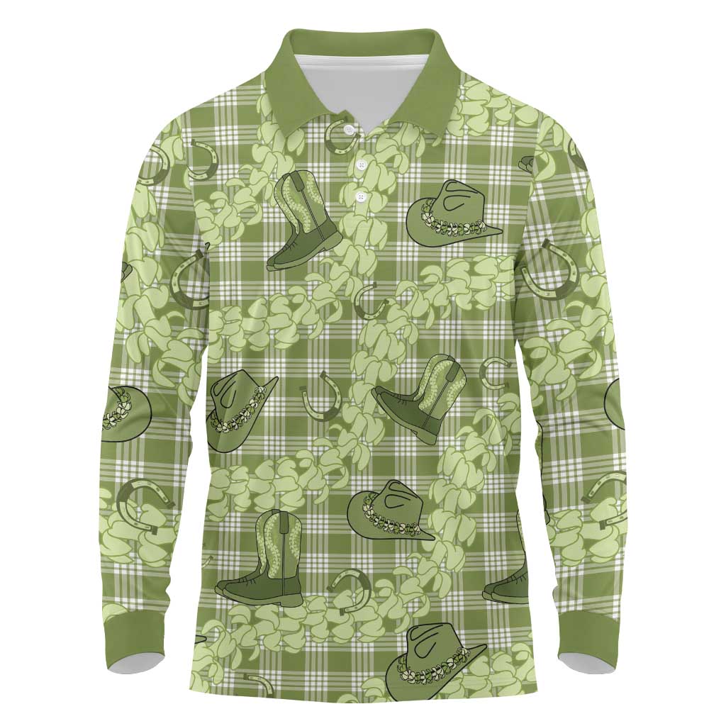Lime Palaka Hawaii Cowboy Long Sleeve Polo Shirt Puakenikeni Lei Paniolo Papale Seamless Vibes - Polynesian Pride