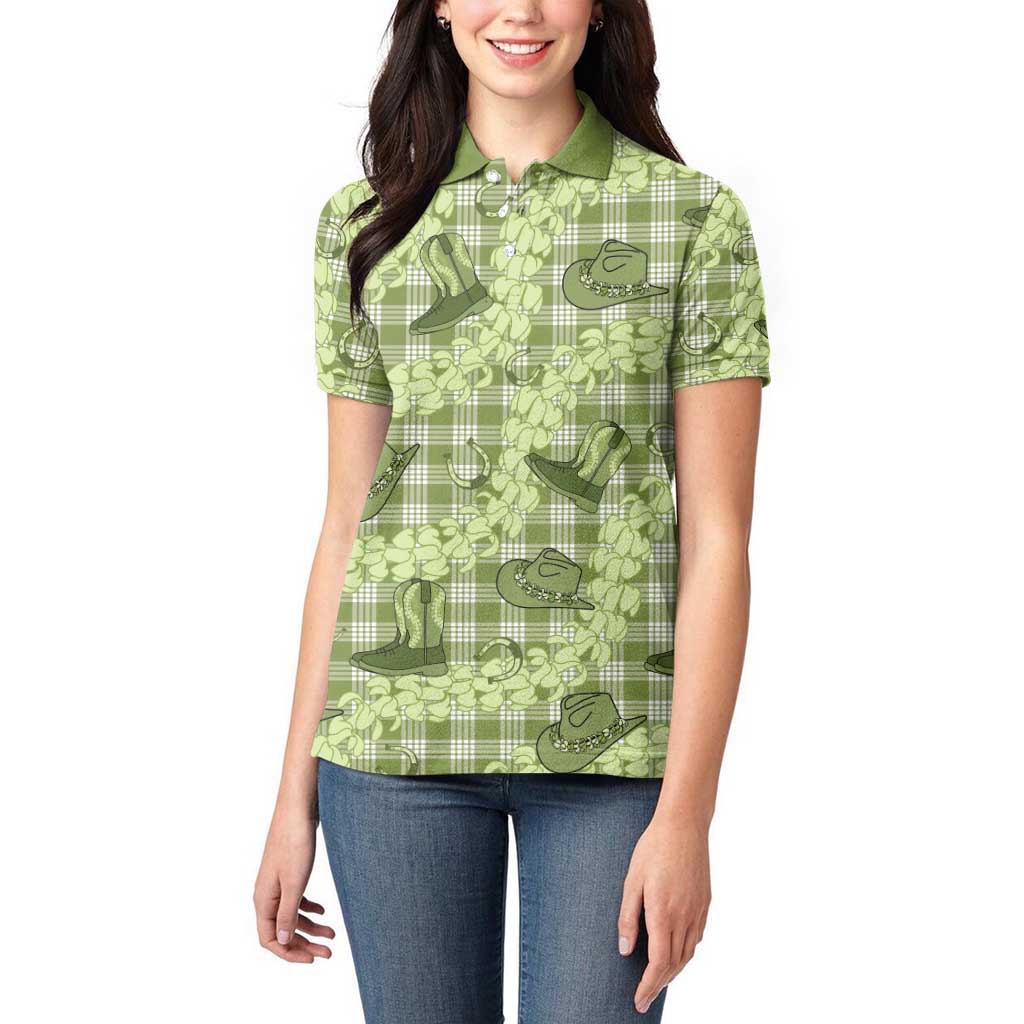 Lime Palaka Hawaii Cowboy Women Polo Shirt Puakenikeni Lei Paniolo Papale Seamless Vibes - Polynesian Pride