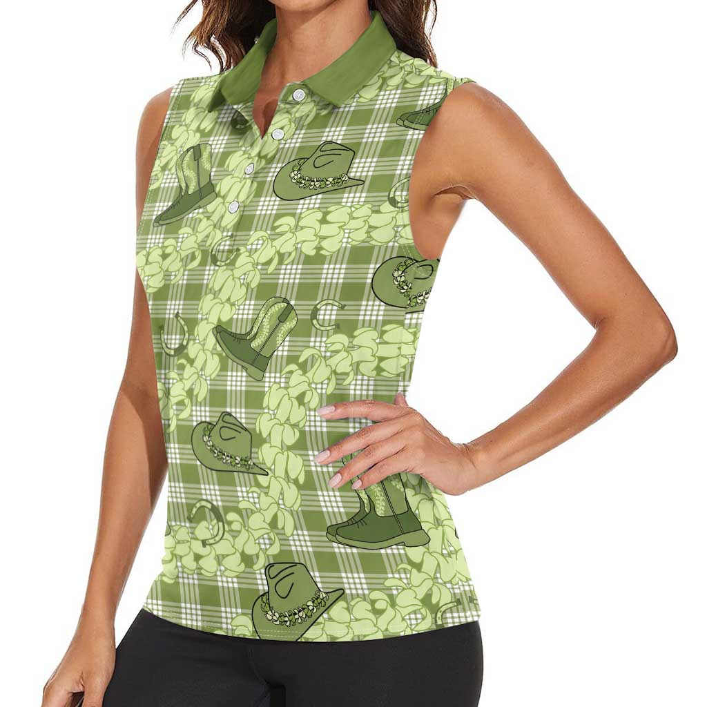 Lime Palaka Hawaii Cowboy Women Sleeveless Polo Shirt Puakenikeni Lei Paniolo Papale Seamless Vibes - Polynesian Pride