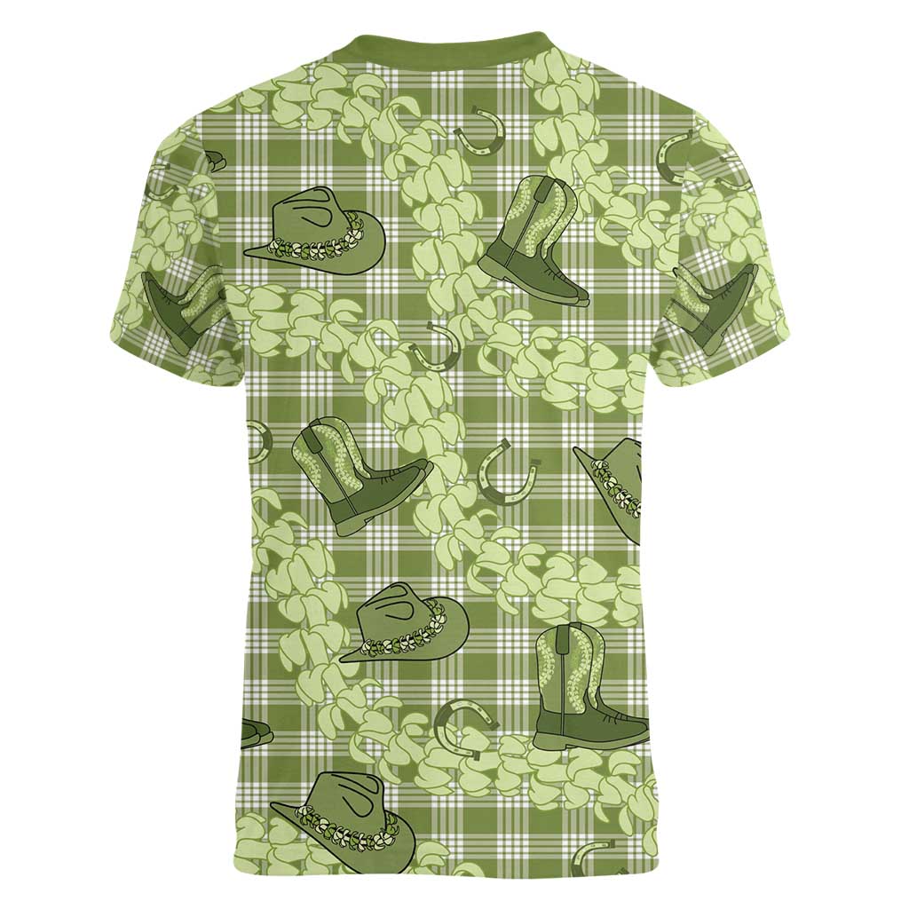 Lime Palaka Hawaii Cowboy Women V-Neck T-Shirt Puakenikeni Lei Paniolo Papale Seamless Vibes LT14 - Polynesian Pride