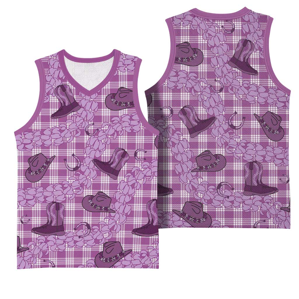 Purple Palaka Hawaii Cowboy Basketball Jersey Puakenikeni Lei Paniolo Papale Seamless Vibes - Polynesian Pride