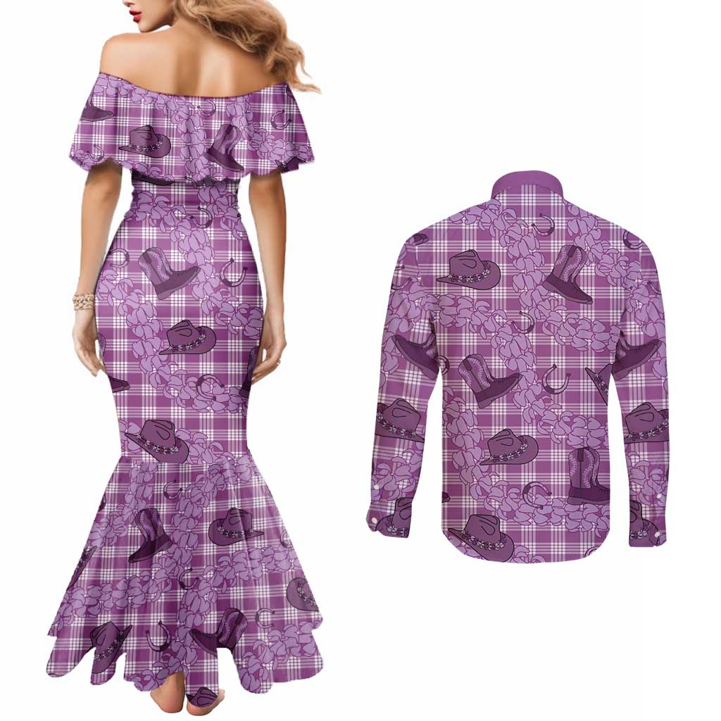 Purple Palaka Hawaii Cowboy Couples Matching Mermaid Dress and Long Sleeve Button Shirt Puakenikeni Lei Paniolo Papale Seamless Vibes - Polynesian Pride