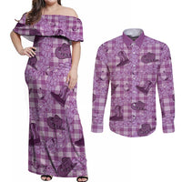 Purple Palaka Hawaii Cowboy Couples Matching Off Shoulder Maxi Dress and Long Sleeve Button Shirt Puakenikeni Lei Paniolo Papale Seamless Vibes - Polynesian Pride