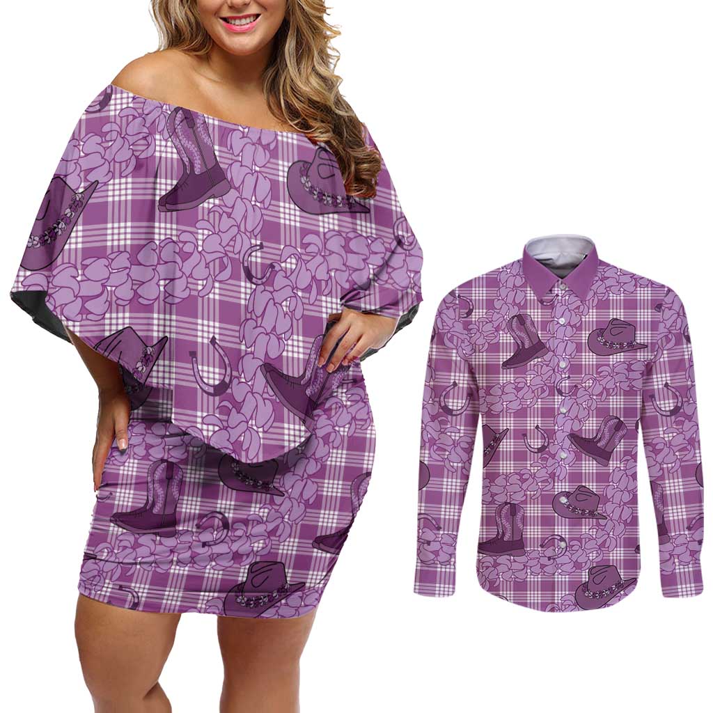 Purple Palaka Hawaii Cowboy Couples Matching Off Shoulder Short Dress and Long Sleeve Button Shirt Puakenikeni Lei Paniolo Papale Seamless Vibes - Polynesian Pride