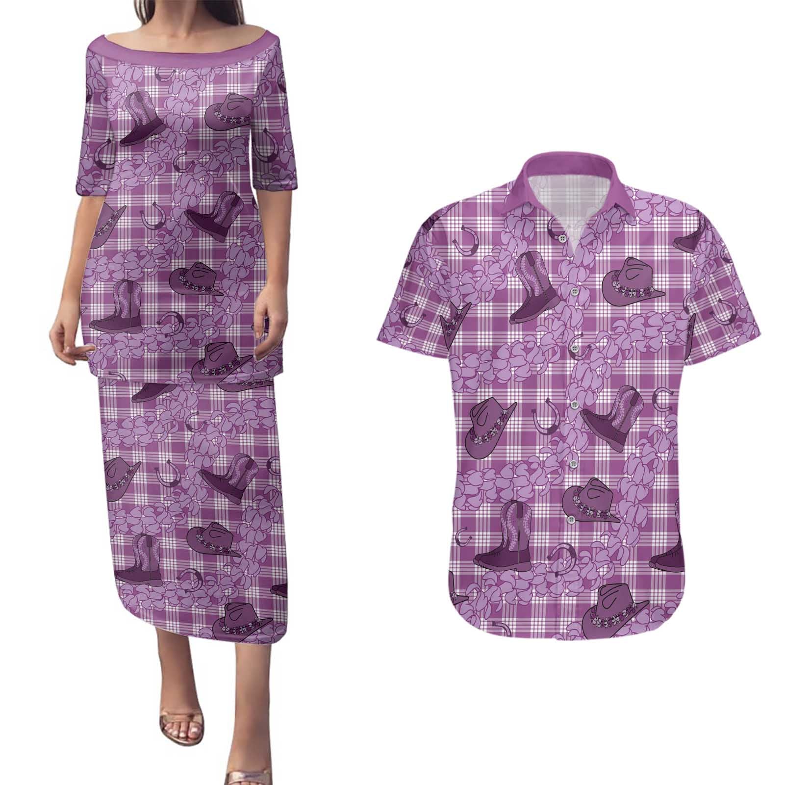 Purple Palaka Hawaii Cowboy Couples Matching Puletasi and Hawaiian Shirt Puakenikeni Lei Paniolo Papale Seamless Vibes - Polynesian Pride