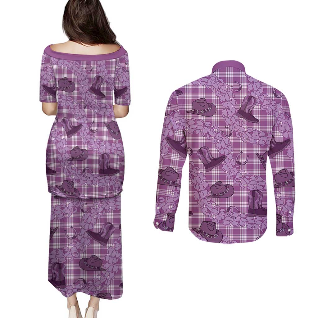 Purple Palaka Hawaii Cowboy Couples Matching Puletasi and Long Sleeve Button Shirt Puakenikeni Lei Paniolo Papale Seamless Vibes - Polynesian Pride