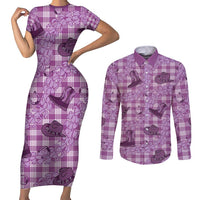 Purple Palaka Hawaii Cowboy Couples Matching Short Sleeve Bodycon Dress and Long Sleeve Button Shirt Puakenikeni Lei Paniolo Papale Seamless Vibes - Polynesian Pride