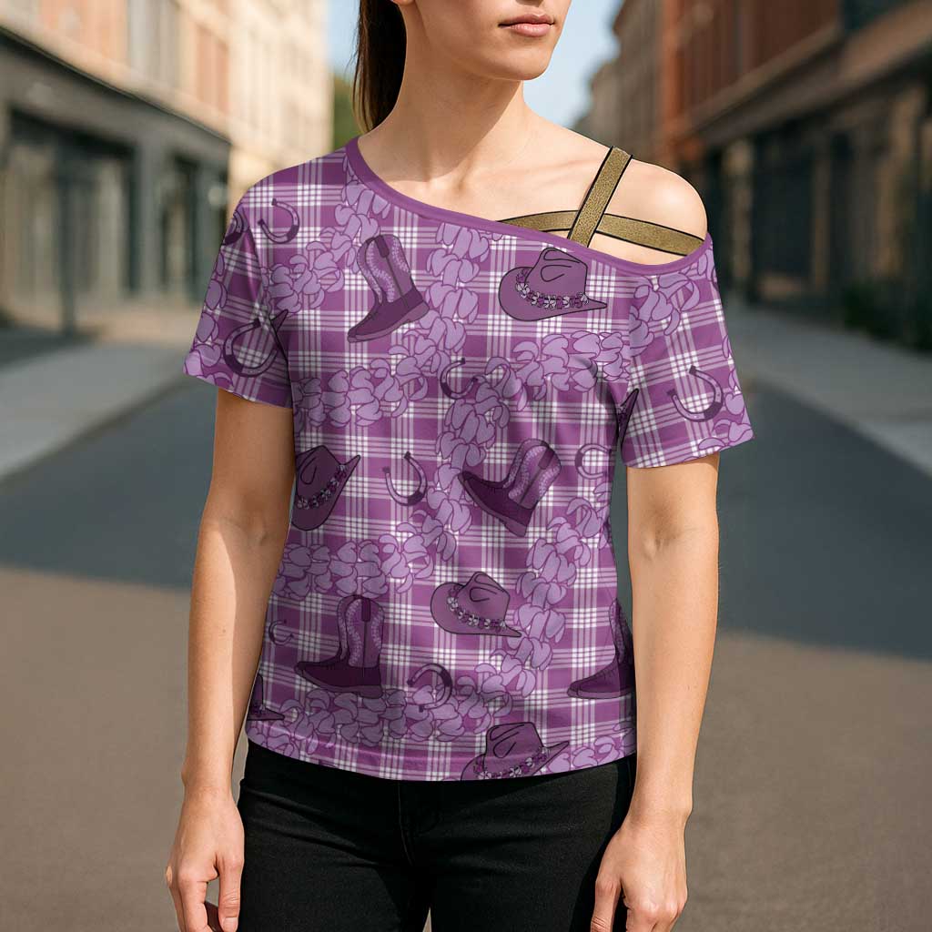 Purple Palaka Hawaii Cowboy Cross Shoulder Shirt Puakenikeni Lei Paniolo Papale Seamless Vibes - Polynesian Pride