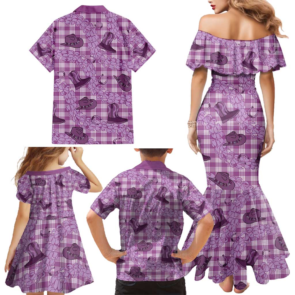 Purple Palaka Hawaii Cowboy Family Matching Mermaid Dress and Hawaiian Shirt Puakenikeni Lei Paniolo Papale Seamless Vibes - Polynesian Pride
