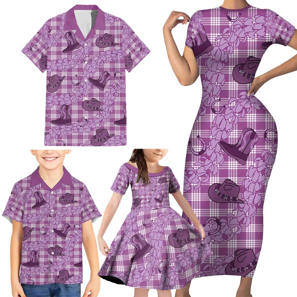 Purple Palaka Hawaii Cowboy Family Matching Short Sleeve Bodycon Dress and Hawaiian Shirt Puakenikeni Lei Paniolo Papale Seamless Vibes - Polynesian Pride