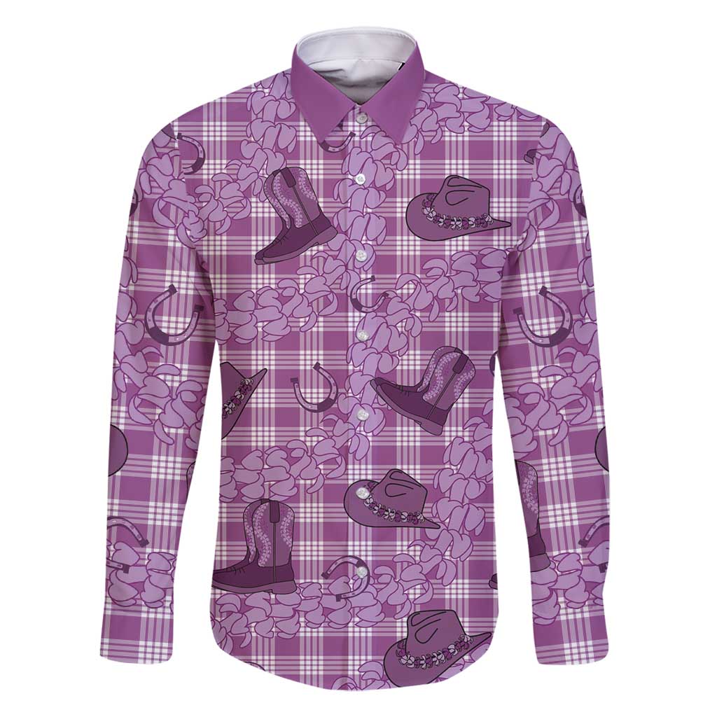 Purple Palaka Hawaii Cowboy Family Matching Summer Maxi Dress and Hawaiian Shirt Puakenikeni Lei Paniolo Papale Seamless Vibes LT14 Dad's Shirt - Long Sleeve Purple - Polynesian Pride