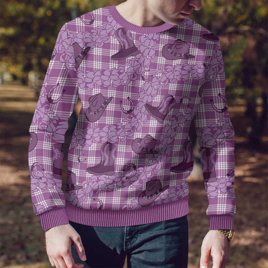 Purple Palaka Hawaii Cowboy Ugly Christmas Sweater Puakenikeni Lei Paniolo Papale Seamless Vibes - Polynesian Pride