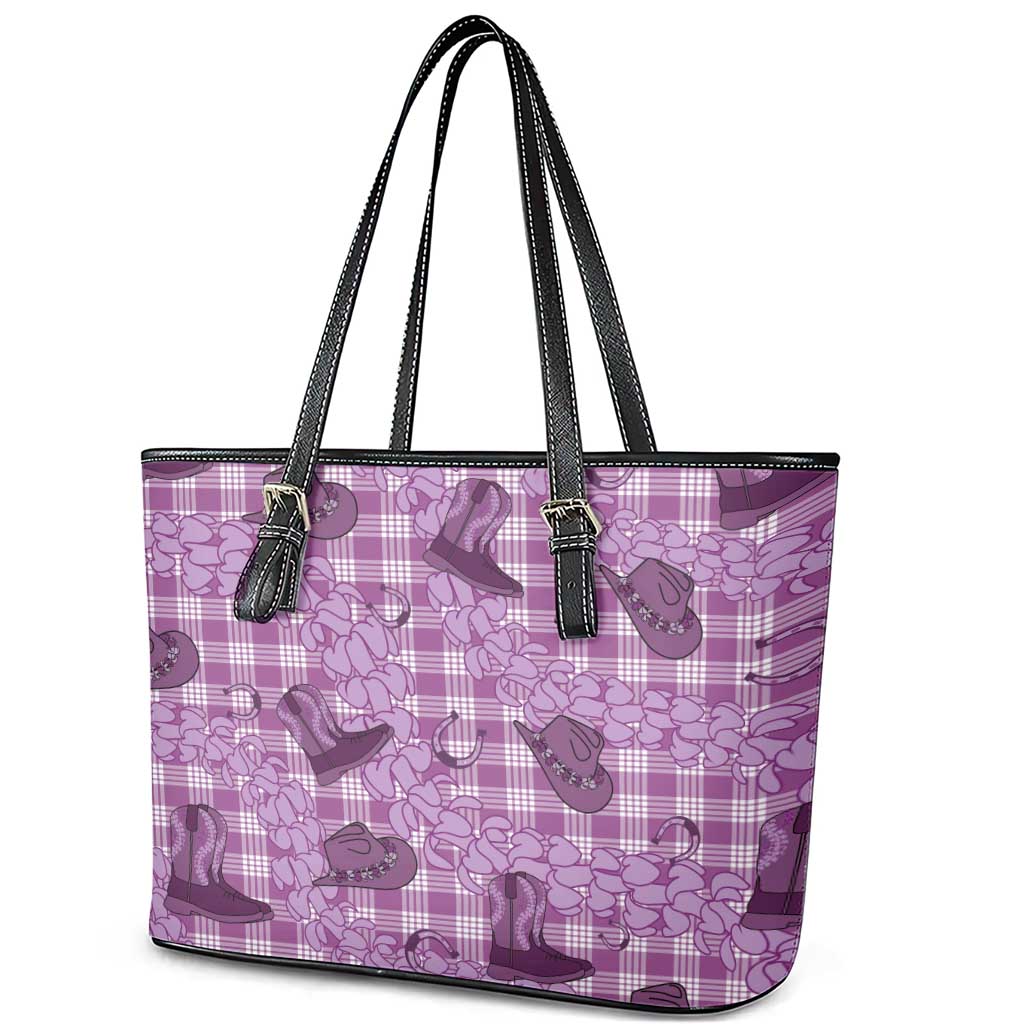 Purple Palaka Hawaii Cowboy Leather Tote Bag Puakenikeni Lei Paniolo Papale Seamless Vibes LT14 - Polynesian Pride