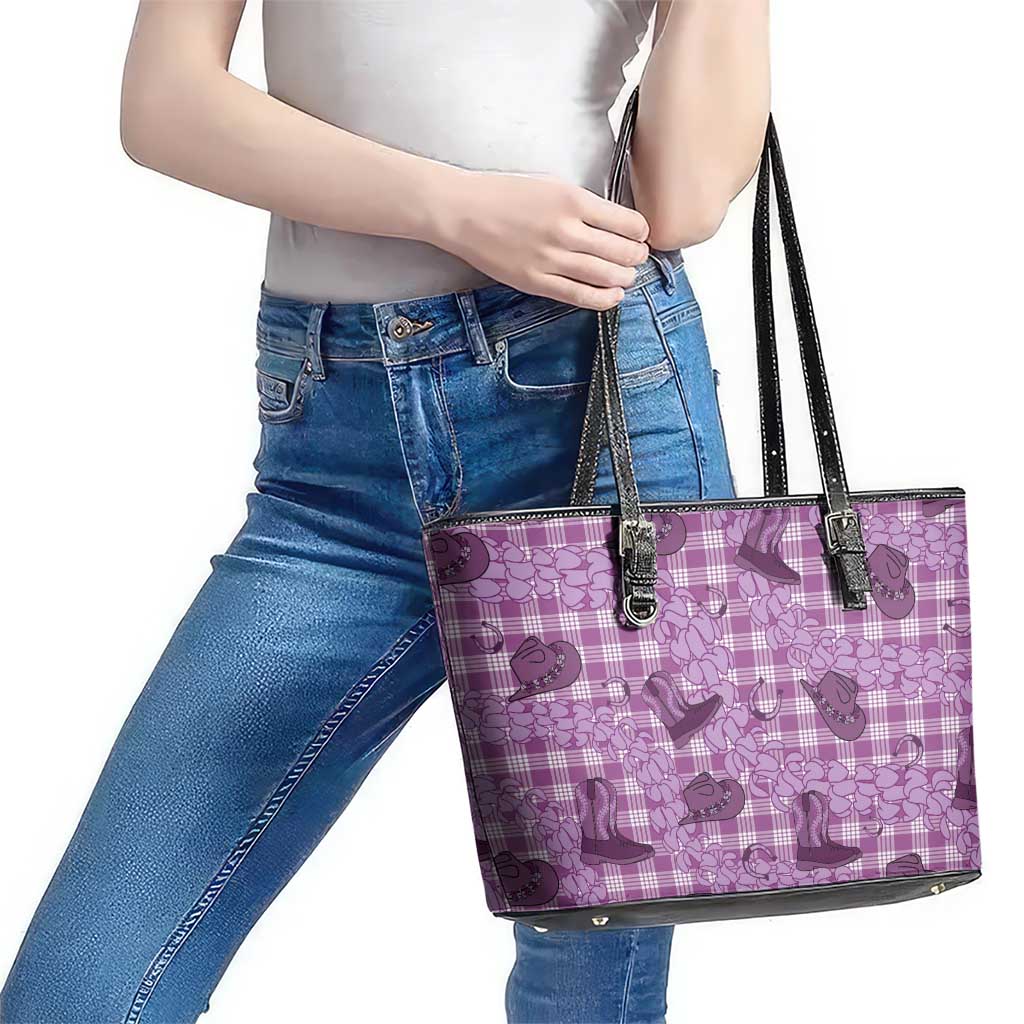 Purple Palaka Hawaii Cowboy Leather Tote Bag Puakenikeni Lei Paniolo Papale Seamless Vibes LT14 - Polynesian Pride