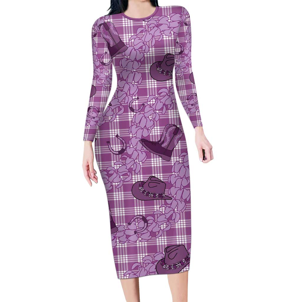 Purple Palaka Hawaii Cowboy Long Sleeve Bodycon Dress Puakenikeni Lei Paniolo Papale Seamless Vibes - Polynesian Pride