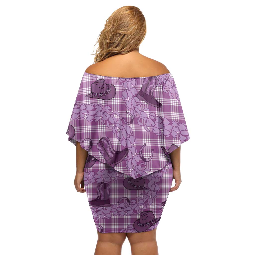 Purple Palaka Hawaii Cowboy Off Shoulder Short Dress Puakenikeni Lei Paniolo Papale Seamless Vibes - Polynesian Pride