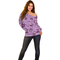 Purple Palaka Hawaii Cowboy Off Shoulder Sweater Puakenikeni Lei Paniolo Papale Seamless Vibes - Polynesian Pride