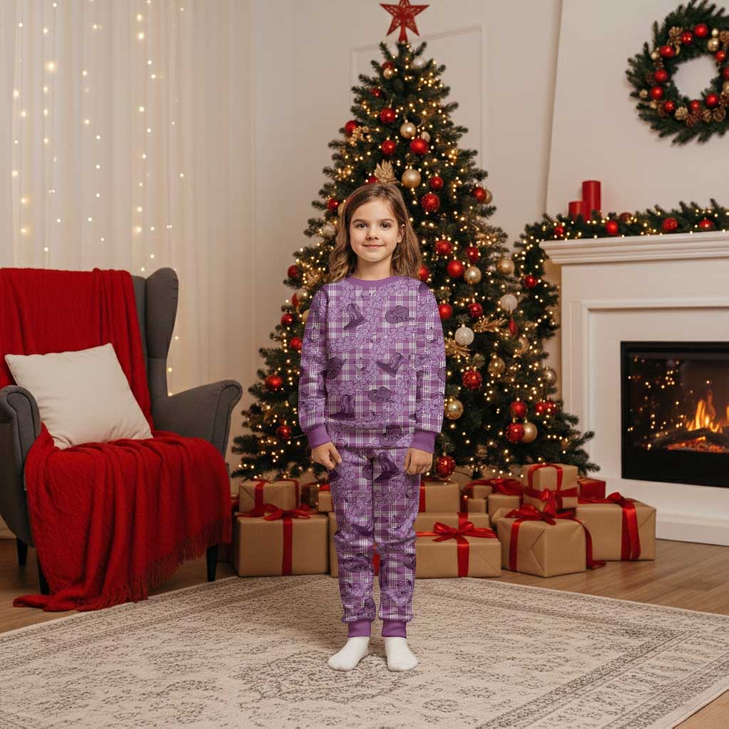 Purple Palaka Hawaii Cowboy Christmas Pajama Set Puakenikeni Lei Paniolo Papale Seamless Vibes LT14 Kid Purple - Polynesian Pride